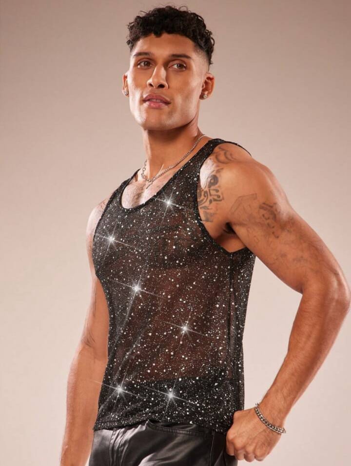 Men's Mesh Sheer Glitter Round Neck Sleeveless Tank Top
